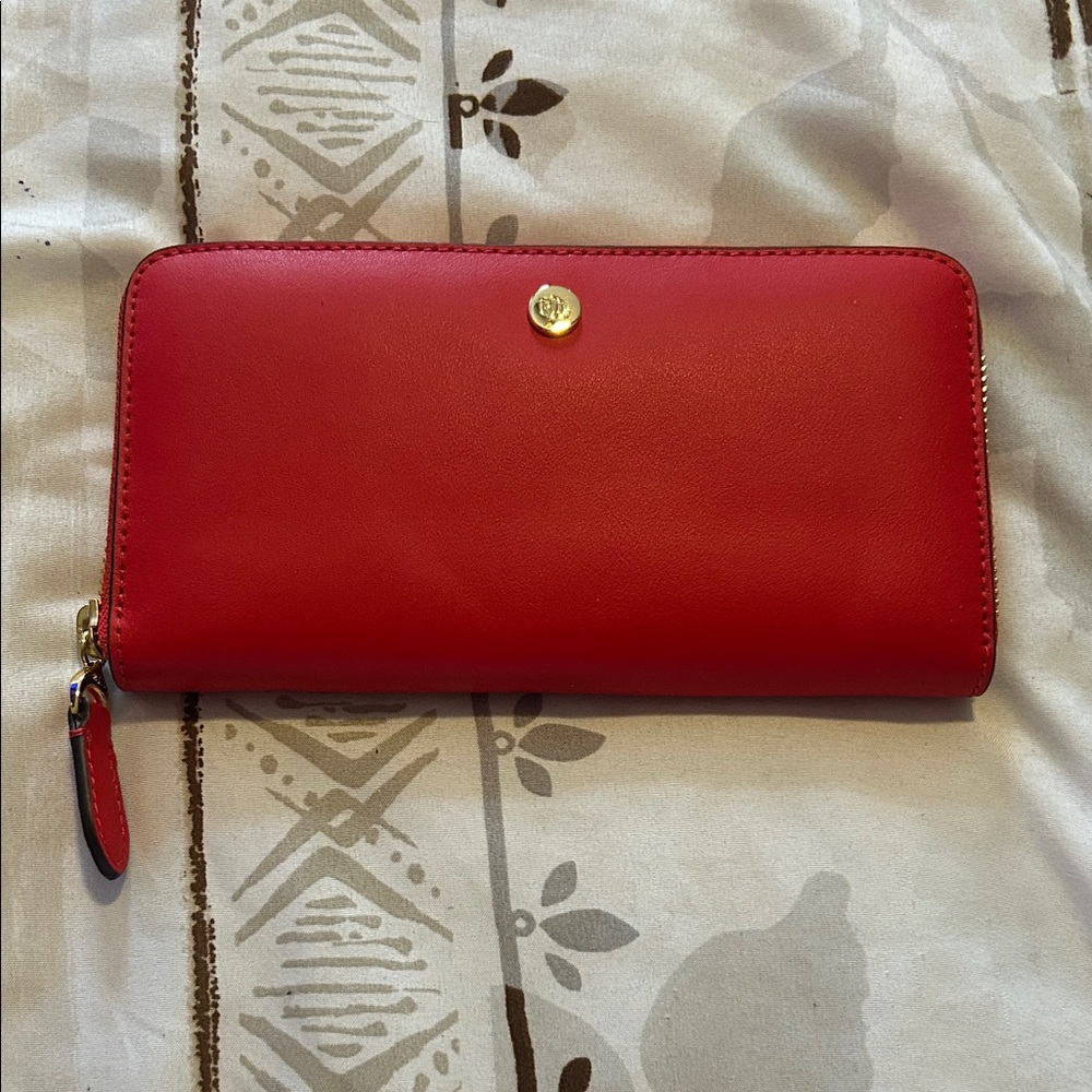 Lauren Ralph Lauren Red Zip-Around Wallet with Gold Button